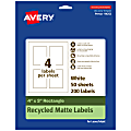 Avery® Recycled Paper Labels, 94252-EWMP50, Rectangle, 4" x 3", White, Pack Of 200