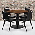 Flash Furniture Square Laminate Table Set With Round Base And 4 Trapezoidal Back Banquet Chairs, 30"H x 36"W x 36"D, Walnut/Black