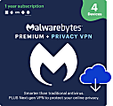Malwarebytes Premium + Privacy VPN, For 4 Devices, 1-Year Subscription, For Windows®/Mac/Android, Download
