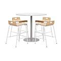 KFI Studios Proof Round High Bistro Table With 4 Low Back Stools, White/Silver Table, Natural/White Chairs