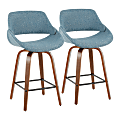 LumiSource Fabrico Counter Stools, Blue Seat/Walnut Frame/Black Square Footrest, Set Of 2 Stools
