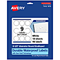 Avery® Waterproof Permanent Labels With Sure Feed®, 94516-WMF10, Round Scalloped, 2-1/2" Diameter, White, Pack Of 90