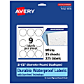 Avery® Waterproof Permanent Labels With Sure Feed®, 94516-WMF25, Round Scalloped, 2-1/2" Diameter, White, Pack Of 225