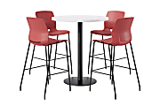 KFI Studios Proof Bistro Round Pedestal Table With Imme Barstools, 4 Barstools, 42", Designer White/Black/Coral Stools