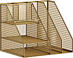 Martha Stewart Ryder Mesh Metal Large Desktop Organizer With Magazine File Holder, Pen Holder And Storage, 10"H x 12-1/2"W x 10"D, Gold
