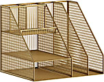 Martha Stewart Ryder Mesh Metal Large Desktop Organizer With Magazine File Holder, Pen Holder And Storage, 10"H x 12-1/2"W x 10"D, Gold 1 thumbnail image