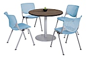 KFI Studios KOOL Round Pedestal Table With 4 Stacking Chairs, Studio Teak/Sky Blue