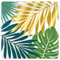 Amscan Key West Palm Leaf Square Metallic Paper Dinner Plates, 10" x 10", Green, 8 Plates Per Pack, Set Of 3 Packs