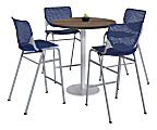 KFI Studios KOOL Round Pedestal Table With 4 Stacking Chairs, 41"H x 36"D, Studio Teak/Navy 