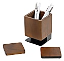 Realspace® Wood/Metal Pen Cup With Coasters, 5-1/4"H x 3-3/4"W x 3-3/4"D, Walnut/Black 1 thumbnail image