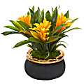 Nearly Natural Bromeliad 11”H Artificial Plant With Stoneware Planter, 11”H x 15”W x 15”D, Yellow/Black