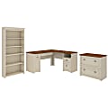 Bush Furniture Fairview 60"W L-Shaped Desk With Lateral File Cabinet And 5-Shelf Bookcase, Antique White, Standard Delivery