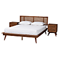 Baxton Studio Nura Mid-Century Modern Finished Wood/Rattan 3-Piece Bedroom Set, Queen Size, Walnut Brown