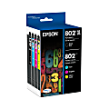 Epson® 802XL Black/802 DuraBrite® Cyan; Magenta; Yellow High-Yield Ink Cartridges, Pack Of 4, T802XL-BCS 1 thumbnail image