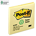Post it® Greener Notes, 100% Recycled, 3" x 3", Canary Yellow, Pack Of 1 Pad