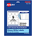 Avery® Glossy Permanent Labels With Sure Feed®, 94516-WGP100, Round Scalloped, 2-1/2" Diameter, White, Pack Of 900