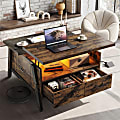 Bestier Lift Top Coffee Table With LED Lights & Storage Drawers, 20”H x 35-7/16”W x 35-7/16”D, Rustic Brown