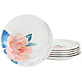 Martha Stewart Fine Ceramic 6-Piece Floral Decorated Dessert Plate Set, 8”, Pink/White