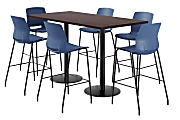 KFI Studios Proof Bistro Rectangle Pedestal Table With 6 Imme Barstools, 43-1/2"H x 72"W x 36"D, Cafelle/Black/Navy Stools
