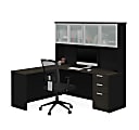 Bestar Pro-Concept Plus 72"W L-Shaped Corner Desk With Pedestal And Frosted Glass-Door Hutch, Deep Gray/Black