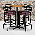 Flash Furniture Round Laminate Table Set With X-Base And 4 Ladder-Back Metal Bar Stools, 42"H x 30"W x 30"D, Natural/Burgundy