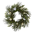 Nearly Natural 26”H Sparkling Pine Christmas Wreath With Decorative Ornaments, 26” x 5”, Green