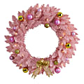 Nearly Natural 24” Artificial Christmas Wreath With 35 LED Lights And Ornaments, 24” x 4”, Pink
