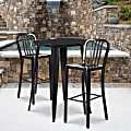 Flash Furniture Commercial-Grade Round Metal Indoor/Outdoor Bar Table Set With 2 Vertical Slat-Back Stools, Black