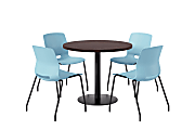 KFI Studios Midtown Pedestal Round Standard Height Table Set With Imme Armless Chairs, 31-3/4”H x 22”W x 19-3/4”D, Studio Teak Top/Black Base/White Chairs
