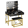 Bestier Vanity Desk Set With Cushioned Stool, 53-7/16”H x 39-3/8”W x 18-5/16”D, Black/Gold