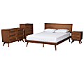 Baxton Studio Melora Mid-Century Modern Finished Wood/Rattan 4-Piece Bedroom Set, King Size, Walnut Brown