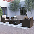 Flash Furniture Seneca 4-Piece Outdoor Faux Rattan Chair And Sofa Set With Coffee Table, Chocolate Brown