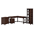 Bush Furniture Key West 60"W L-Shaped Desk With File Cabinets And 5-Shelf Bookcase, Bing Cherry, Standard Delivery