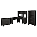 Bush Furniture Salinas 60"W L Shaped Desk with Hutch, Lateral File Cabinet and 5 Shelf Bookcase, Vintage Black, Standard Delivery