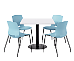 KFI Studios Proof Cafe Pedestal Table With Imme Chairs, Square, 29”H x 42”W x 42”W, Designer White Top/Black Base/Sky Blue Chairs