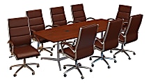 Bush Business Furniture 96"W x 42"D Boat Shaped Conference Table with Metal Base and Set of 8 High Back Office Chairs, Hansen Cherry, Standard Delivery