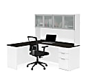 Bestar Pro-Concept Plus 72"W L-Shaped Corner Desk With Pedestal And Frosted Glass-Door Hutch, White/Deep Gray