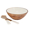 Laurie Gates Enameled Mango Wood Serving Bowl And Serving Utensils, 12” x 12”, Brown/White 1 thumbnail image