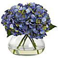 Nearly Natural Blooming Hydrangea 9”H Large Plastic Floral Arrangement With Vase, 9”H x 10”W x 8”D, Blue