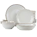 Elama Countess 16-Piece Embossed Double Bowl Stoneware Dinnerware Set, Ivory