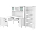 Bush Furniture Somerset 60"W L-Shaped Desk With Hutch And 5-Shelf Bookcase, White, Standard Delivery
