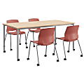 KFI Studios Dailey Table And 4 Chairs, With Caster, Natural/Silver Table, Coral/Silver Chairs