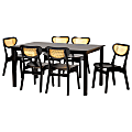 Baxton Studio Jeriah Mid-Century Modern Wood and Woven Rattan 7-Piece Dining Set, Dark Brown/Light Brown