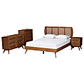 Baxton Studio Asami Mid-Century Modern Finished Wood/Woven Rattan 4-Piece Bedroom Set, King Size, Walnut Brown 1 thumbnail image