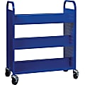 Lorell Double-sided Book Cart, 6 Shelf, Round Handle, 5" Caster Size, Steel, 38"W x 18"D x 46.3"H, Blue 1 thumbnail image