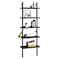Bestier Industrial 71"H 5-Tier Wall-Mounted Ladder Shelf With 2 Hooks, Grained Black