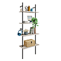 Bestier Industrial 66"H 4-Tier Wall-Mounted Ladder Shelf With 2 Hooks, 24"W, Light Retro Gray Oak