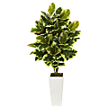 Nearly Natural 4'H Plastic Variegated Rubber Leaf Plant With Tower Vase, Green/White