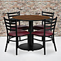 Flash Furniture Round Laminate Table Set With Round Base And 4 Ladder-Back Metal Chairs, 30"H x 36"W x 36"D, Walnut/Burgundy