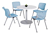 KFI Studios KOOL Round Pedestal Table With 4 Stacking Chairs, White/Sky Blue